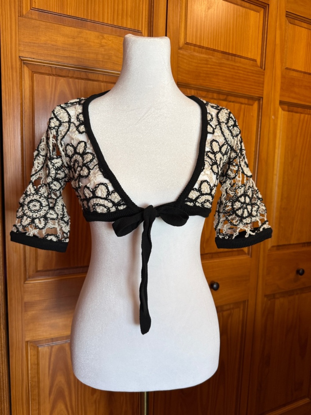 For Love & Lemons Black and Ivory Crochet Tie-Front Bolero